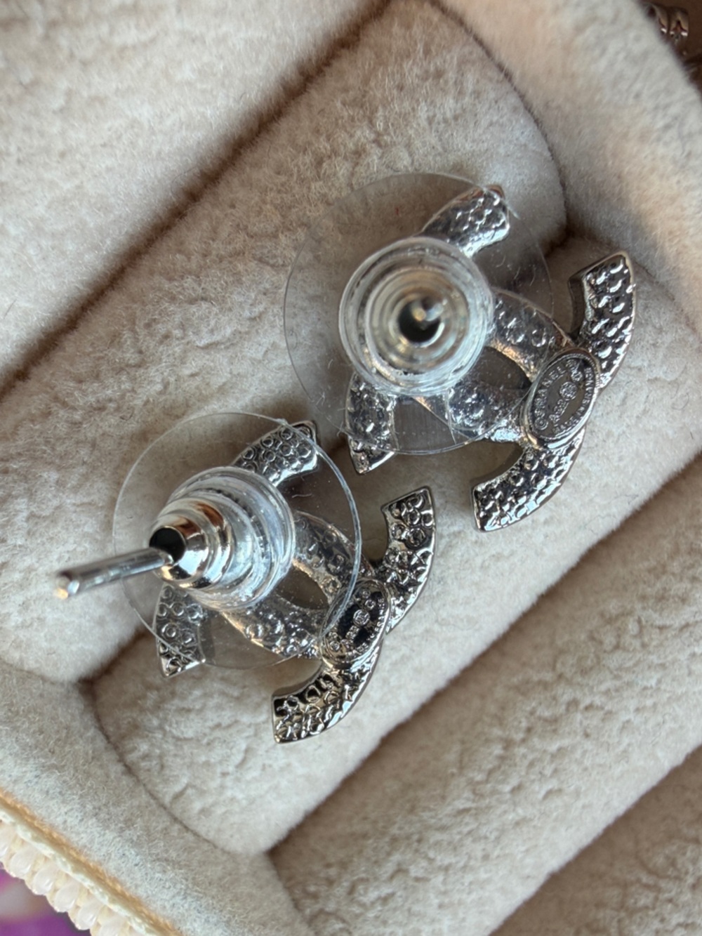 Silver Crystal Logo Stud Earrings - Picture 2 of 3